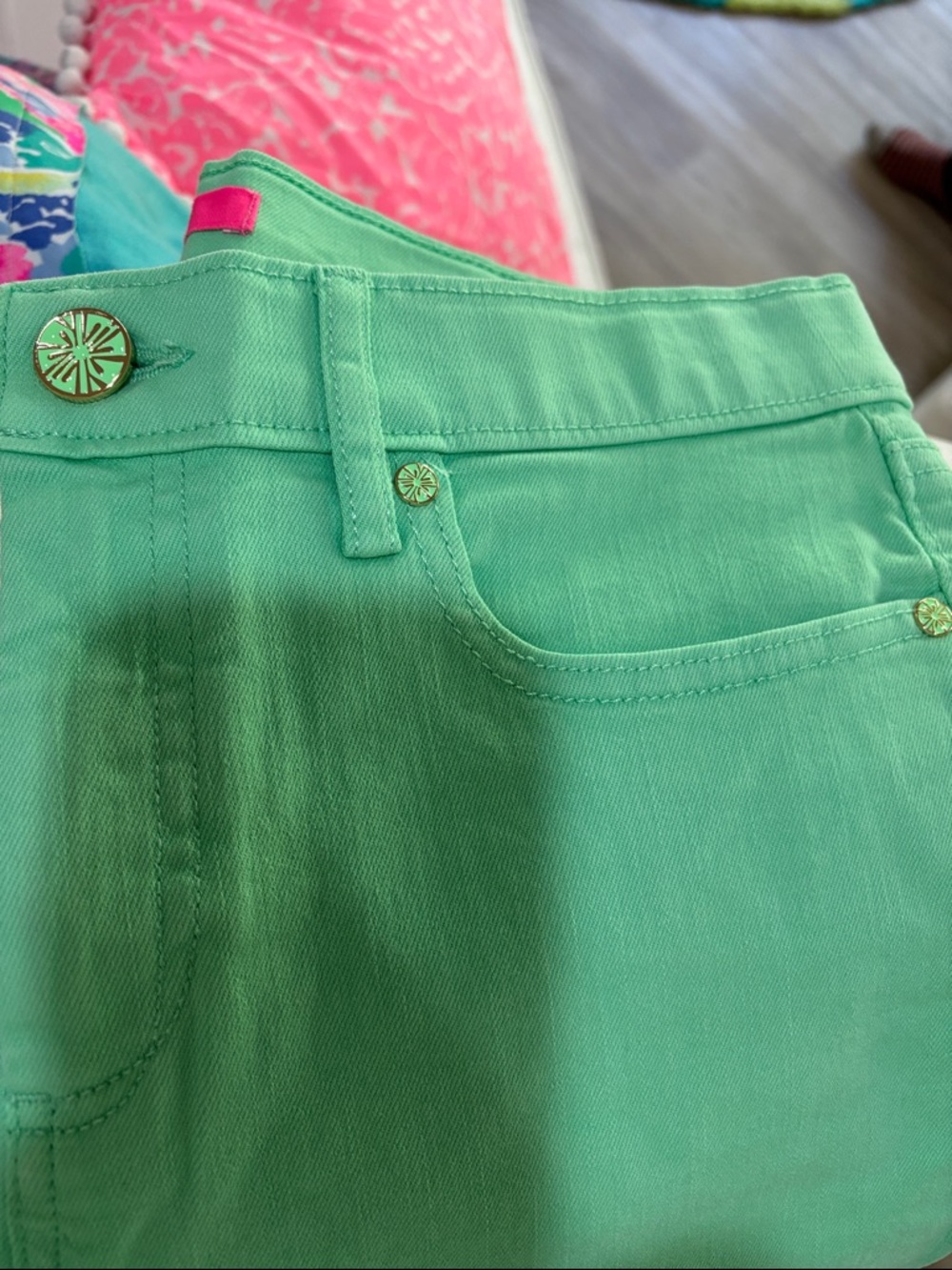 Lilly Pulitzer Green Jeans with Decorative Gold Buttons